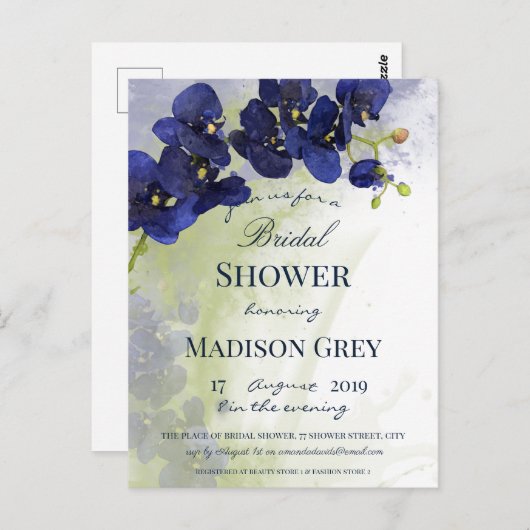 ダークブルーオーキッド水彩ウェディングシャワー ポストカード (正面/裏面)