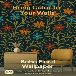 ダークブルーカラフルに刺繍花柄 壁紙