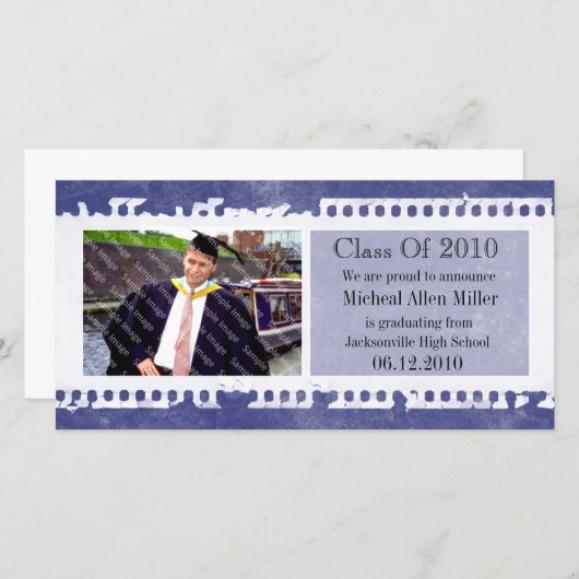 ダークブルーグランジフィルム卒業フォトカード 案内状 (正面/裏面)