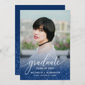 ダークブルーグリッターグラデーションガーリー写真卒業 案内状 (正面/裏面)