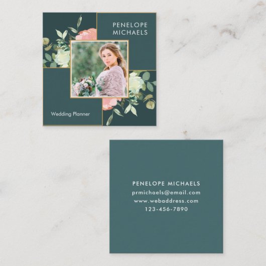 ダークブルーグリーン(フローラブーケ付き) スクエア名刺 (正面/裏面)