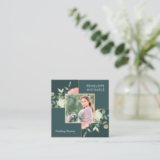 ダークブルーグリーン(フローラブーケ付き) スクエア名刺 (スタンド正面)