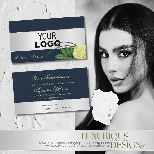 ダークブルーシルバーデカールかわいいバラフラワーロゴ入り 名刺