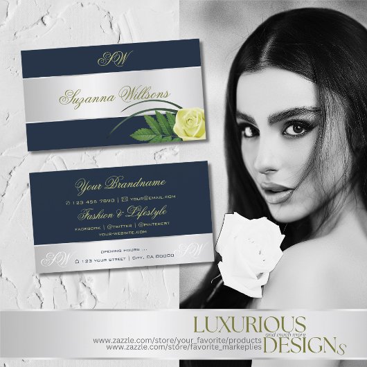 ダークブルーシルバーデコールバラフラワーとイニシャル 名刺