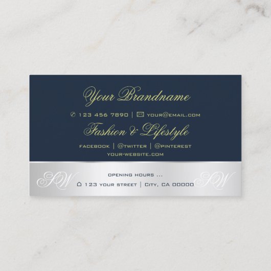 ダークブルーシルバーデコールバラフラワーとイニシャル 名刺 (裏面)