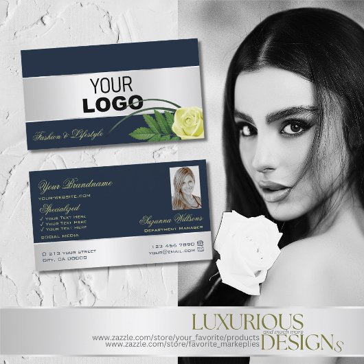 ダークブルーシルバーデコールバラフラワーロゴと写真 名刺