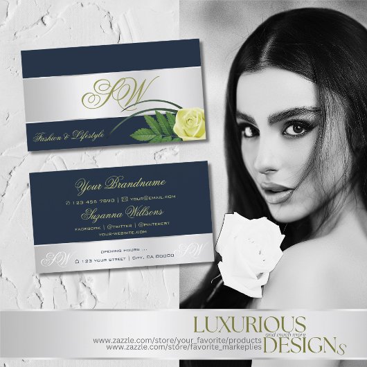 ダークブルーシルバーデコールバラ花（モノグラム付） 名刺