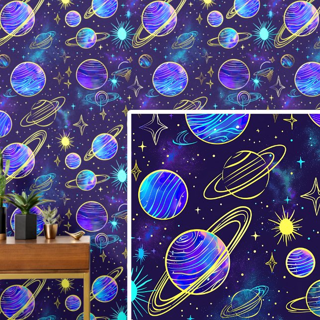 ダークブルースカイのアクアパープル金ゴールド惑星 壁紙 (クリエイターアップロード済み)