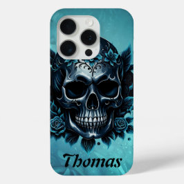 ダークブルースカルとバラ。 iPhone 15 PROケース