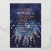ダークブルースターリーナイトフォレスト結婚のバラ金ゴールド 箔招待状 (正面)