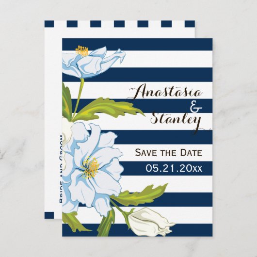 ダークブルーストライプの花の結婚式の日付を保存 案内ポストカード (正面/裏面)