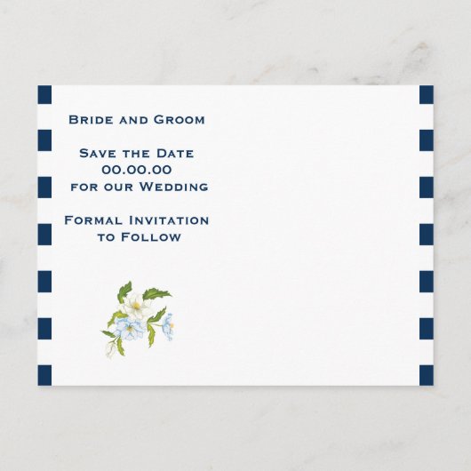 ダークブルーストライプの花の結婚式の日付を保存 案内ポストカード (裏面)