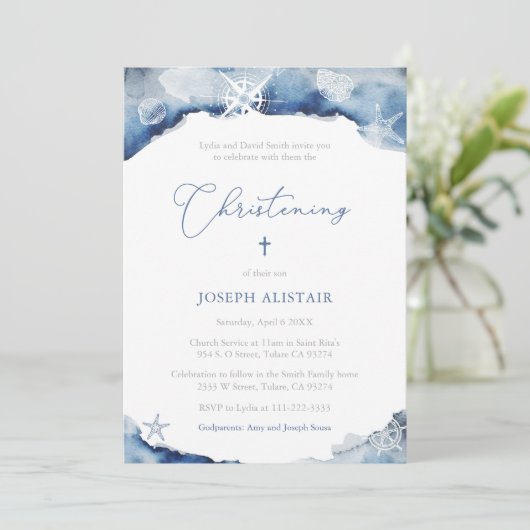 ダークブルーセーリング《キリスト教》洗礼式や命名式お祝いパーティー 招待状 (スタンド正面)