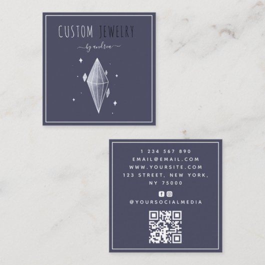 ダークブルーダイヤモンドジュエリーデザイナーQRコードソーシャル スクエア名刺 (正面/裏面)