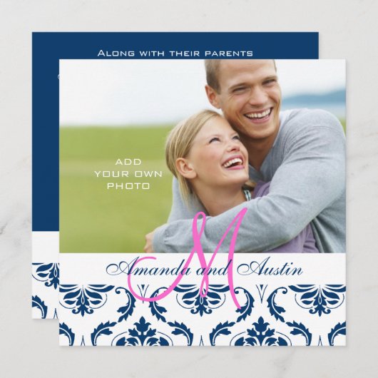 ダークブルーダマスクモノグラムフォト結婚式招待状 招待状 (正面/裏面)