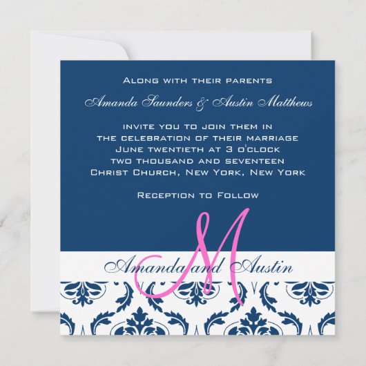 ダークブルーダマスクモノグラムフォト結婚式招待状 招待状 (裏面)