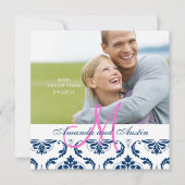 ダークブルーダマスクモノグラムフォト結婚式招待状 招待状 (正面)