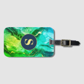 ダークブルーティール（緑がかった色）イエローグリーン液体インク、モノグラム ラゲッジタグ (正面横)