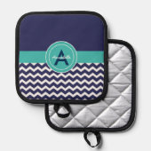 ダークブルーティール（緑がかった色）シェブロン 鍋敷き (正面/裏面)