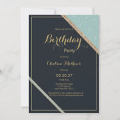 ダークブルーティール(緑がかった色)金ゴールドグリッター幾何学誕生日 招待状 (正面)