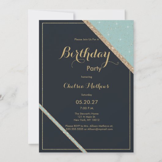 ダークブルーティール(緑がかった色)金ゴールドグリッター幾何学誕生日 招待状 (正面)