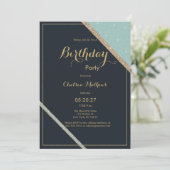 ダークブルーティール(緑がかった色)金ゴールドグリッター幾何学誕生日 招待状 (スタンド正面)