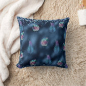 ダークブルーデザインとターコイズ&ピンク葉 クッション (ブランケット)
