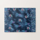 ダークブルーデザインとターコイズ&ピンク葉 ジグソーパズル (横)