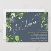 ダークブルーネイビーシック熱帯テーマ大人誕生日 招待状 (正面)