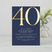 ダークブルーネイビー+金ゴールド |クール40歳のモダン誕生日 箔招待状 (立ち正面)