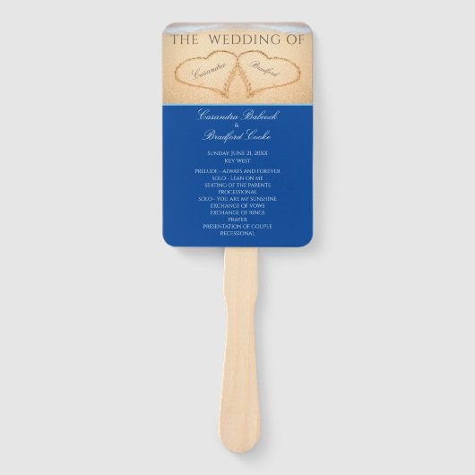 ダークブルーハートビーチ結婚式式プログラム ハンドファン (正面)