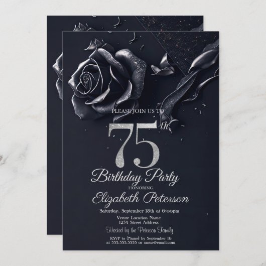 ダークブルーバラゴシック75誕生日 招待状 (正面/裏面)