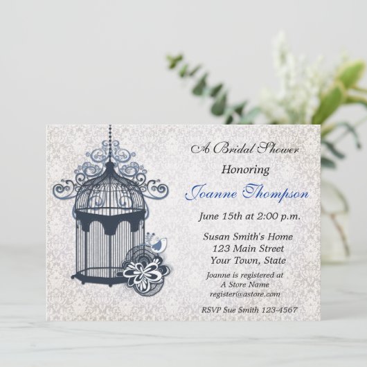 ダークブルーバードケージダマスク招待状 招待状 (スタンド正面)