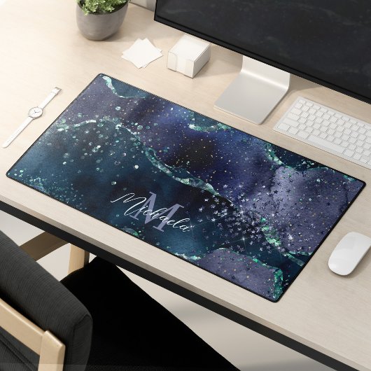 ダークブルーパープルグリッタースパークルモノグラスタイリッシュム デスクマット