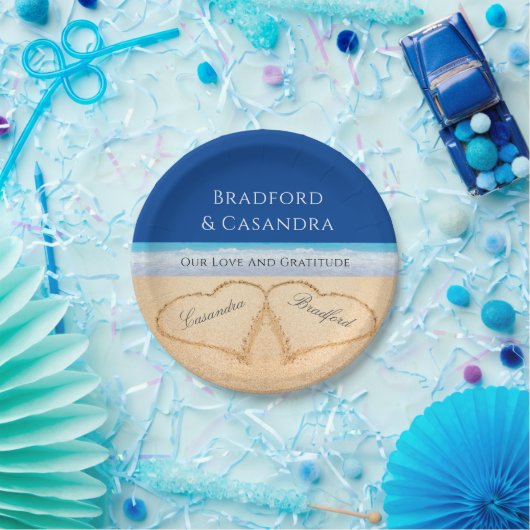 ダークブルービーチ結婚式2ハートズインザサンドパイプ ペーパープレート (パーティー)