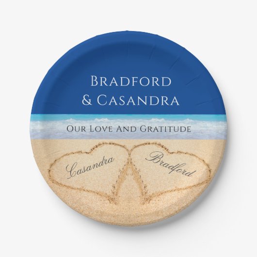 ダークブルービーチ結婚式2ハートズインザサンドパイプ ペーパープレート (正面)