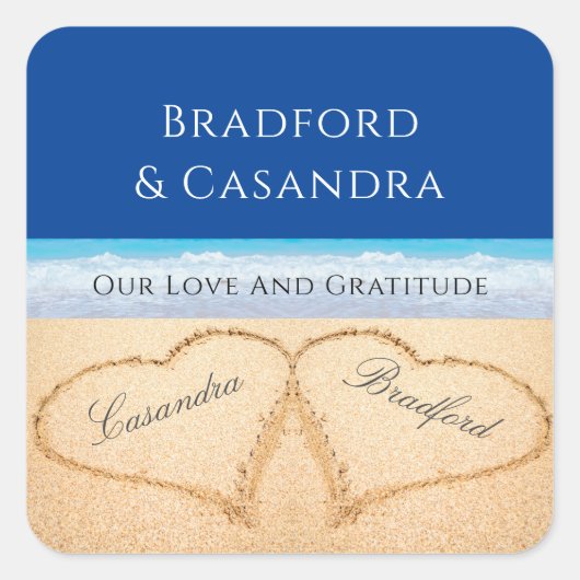 ダークブルービーチ結婚式2ハートズインザサンド スクエアシール (正面)