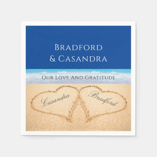 ダークブルービーチ結婚式2ハートズインザサンド スタンダードカクテルナプキン (正面)