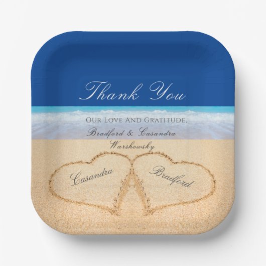 ダークブルービーチ結婚式2ハートズインザサンド ペーパープレート (正面)