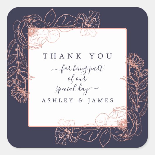 ダークブルーピンクローズ金ゴールド結婚フローラサンキュー スクエアシール (正面)