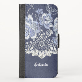 ダークブルーフェイクの刺繍とレース ウォレットケース