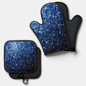 ダークブルーフェイクグリッターのキラキラ 鍋つかみ&鍋敷きセット (正面/裏面)