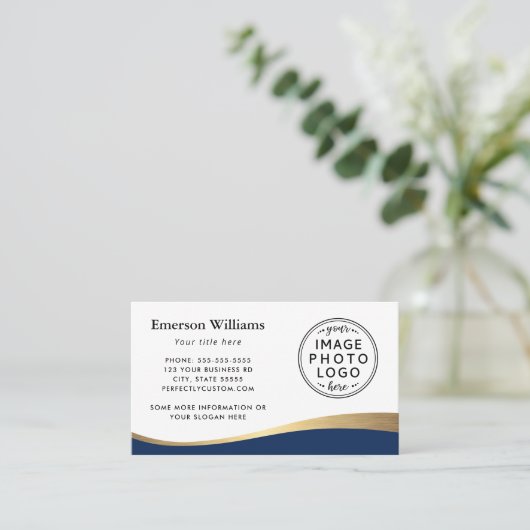 ダークブルーフェイクゴールデンウェーブカスタムロゴ 名刺 (スタンド正面)