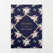 ダークブルーフローラオールインワン金ゴールドインディアン結婚 三つ折り招待状 (カバー)