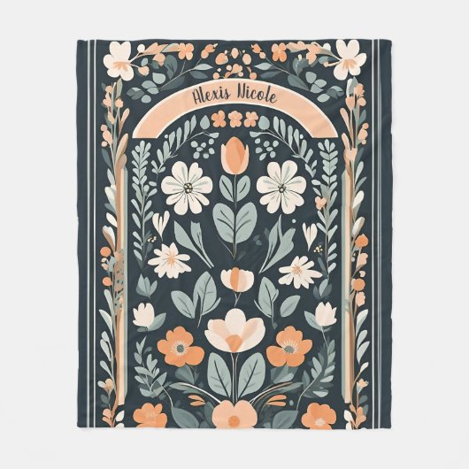 ダークブルーフローラフォーク フリースブランケット (正面)