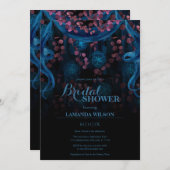 ダークブルーフローラブラックゴシックブライダルシャワー 招待状 (正面/裏面)