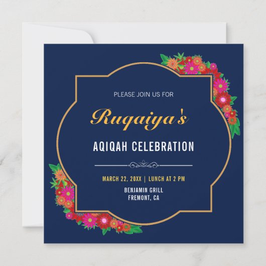 ダークブルーフローラベビーガールアキカ 招待状 (裏面)