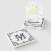 ダークブルーフローラペイズリーフレームモノグラム ストーンコースター (横)