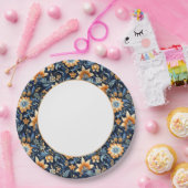 ダークブルーフローラペイズリー縁ど ペーパープレート (パーティー)