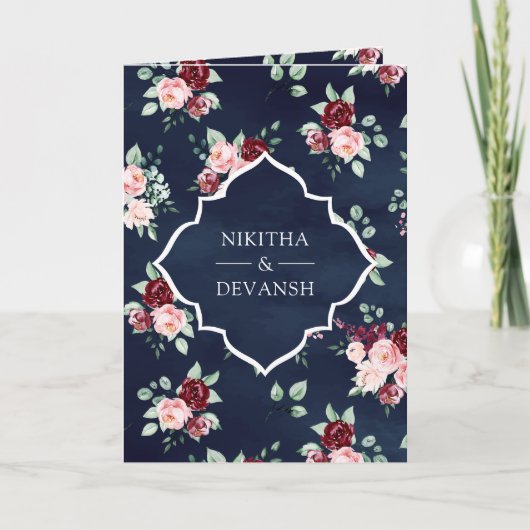 ダークブルーフローラレースオールインワンインディアン結婚 招待状 (正面)